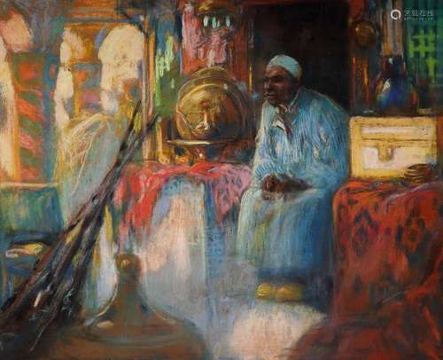 LOUIS FORTUNEY (1875-1951) MARCHAND DANS LE SOUK DE TUNIS A ...