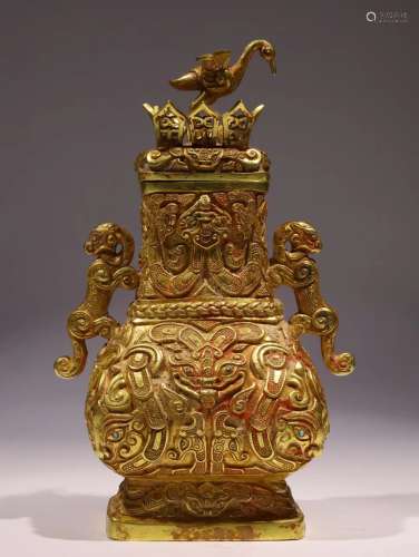 A TANG DYNASTY PURE GOLD INLAY TREASURE BEAST FACE PATTERN D...
