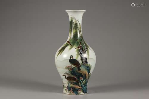 A FAMILLE ROSE FLOWER AND BIRD VASE