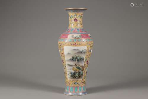 A FAMILLE ROSE FLOWER WINDOW LANDSCAPE VASE