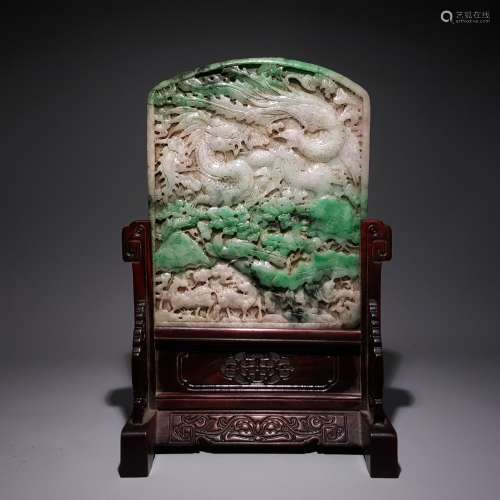 A JADEITE DRAGON AND PHOENIX TABLE SCREEN