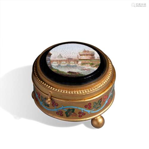 Round box in gilded metal, micromosaic and enamel finish, 19...