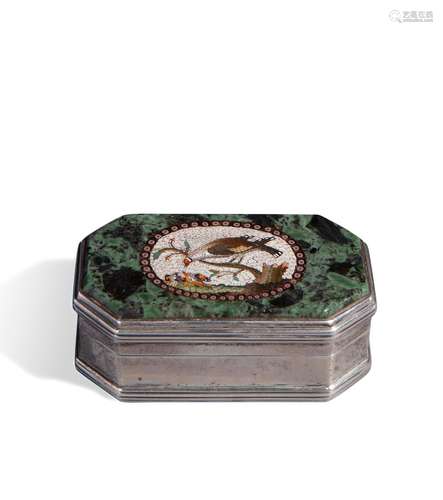 Octagonal silver box, semiprecious stone and micromosaic