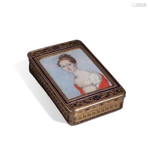 Rectangular gold and enamel box with miniature, late 18th ce...