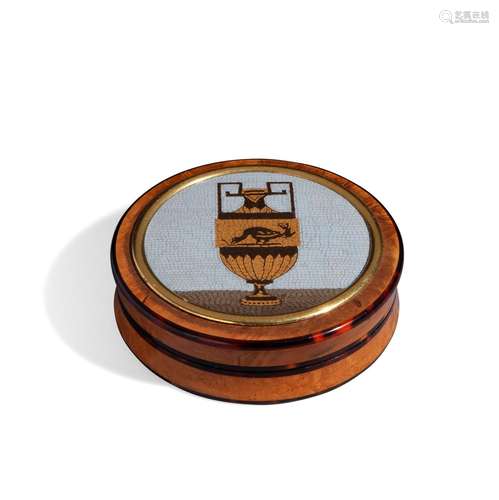 Round tortoiseshell, wood, gold and micromosaic box