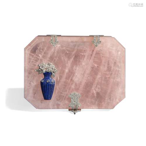 Pink quarts box, white gold, lapis lazuli and diamonds