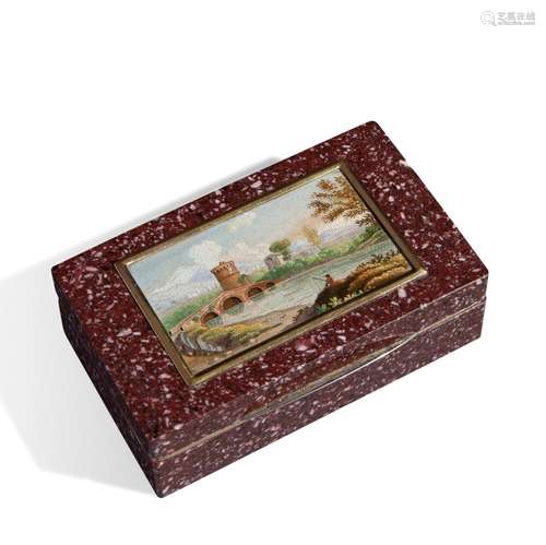 Rectangular box in red porphyry, gold and micromosaic, first...