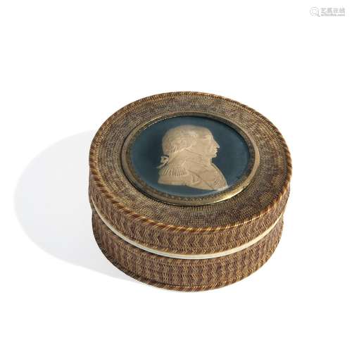 Round woven straw and ivory box with portrait of Victor Emma...