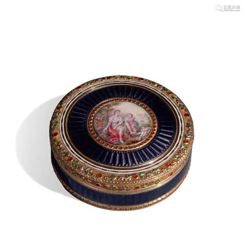 Round box in gold, enamels and miniature, 18th century