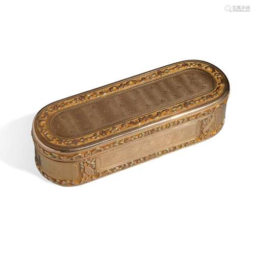 Long oval snuff box in chased gold, Paris 1784