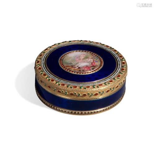 Round box in multi-coloured gold and polychrome enamels, c. ...