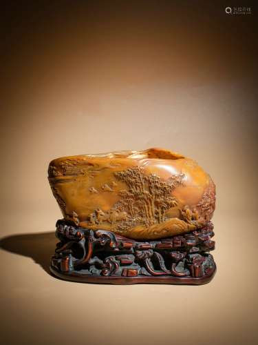 Chinese Qinig Dynasty Tianhuang Stone Landscape Figure Brush...
