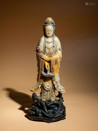 Chinese Qing Dynasty Shoushan Stone Guanyin Bodhisattva Stat...