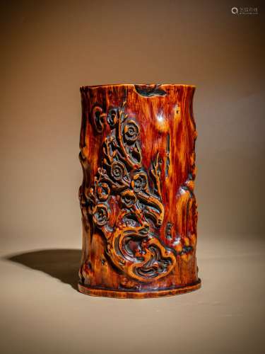 Chinese Qing Dynasty Boxwood Carving Plum Brush Pot