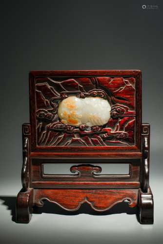 Chinese Qing Dynasty Rosewood Inlaid With Hetian Jade Screen