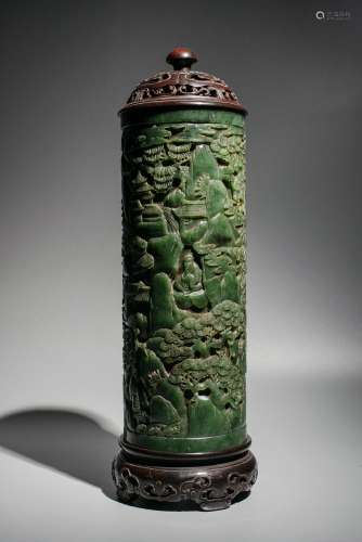 Chinese Qing Dynasty Hard Jade Carving Landscape Figure Ince...