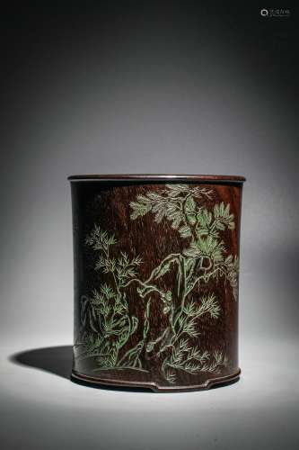 Chinese Qing Dynasty Rosewood Zitan Carving Brush Pot