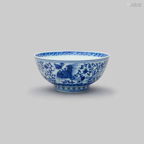 A blue-and-white 'phoenix' bowl