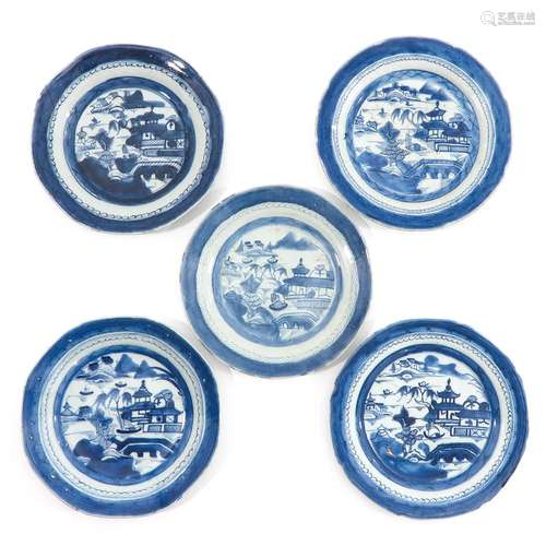 A Series of 5 Blue and White Plates