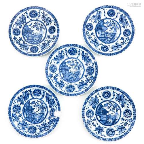 A Series of 5 Blue and White Plates