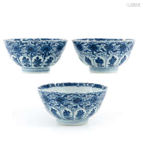 A Series of 3 Blue and White Bowls