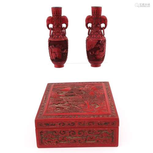 A Cinnabar Box and Pair of Vases