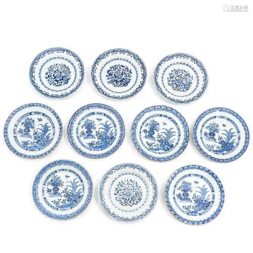 A Collection of 10 Blue and White Plates