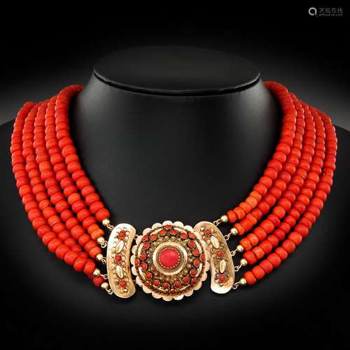 A 5 Strand 19th Century Red Coral Necklace