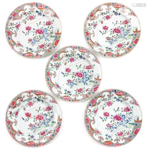 A Series of 5 Famille Rose Scroll Plates