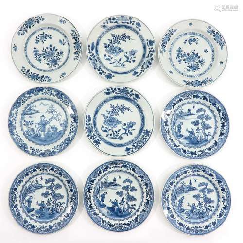 A Collection of 9 Blue and White Plates