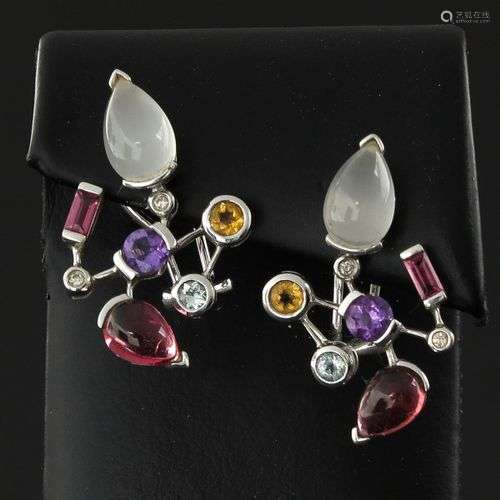 A Pair of 14KG Multi Colored Gemstone Earrings