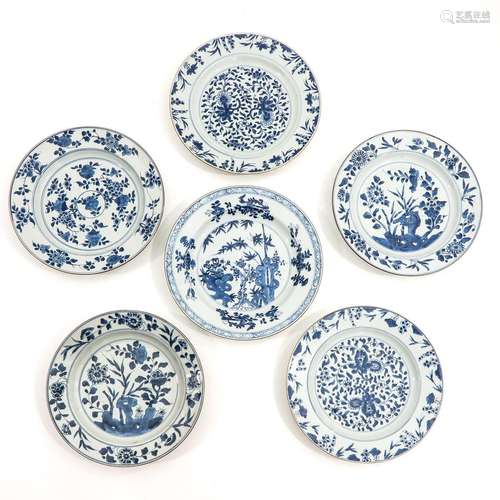 A Collection of 6 Blue and White Plates