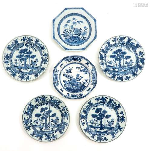 A Collection of 6 Blue and White Plates