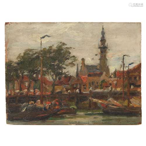 An Oil on Panel of Harbor Scene