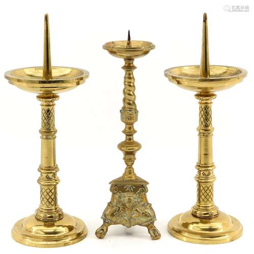 A Lot of 3 Brass Altar Candlesticks