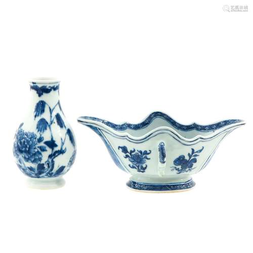 A Blue and White Vase and Gravy Boat