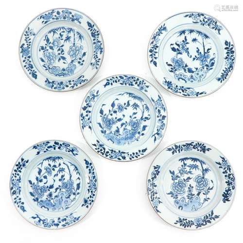 A Series of 5 Blue and White Plates