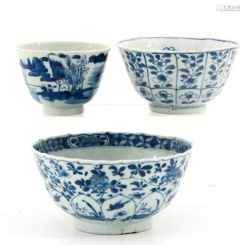 A Collection of 3 Blue and White Bowls