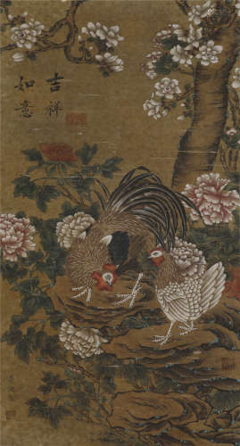 A SCROLL PAINTING OF FLOWER-AND-BIRD THEME