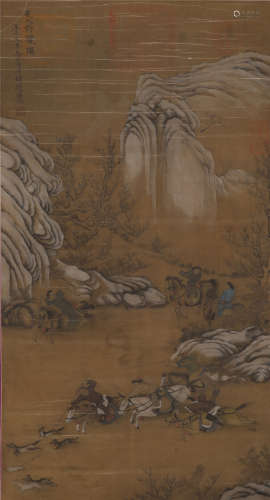 A HANGING SCROLL OF CHINESE PAINTING DEPICTING HUNTING SCENE
