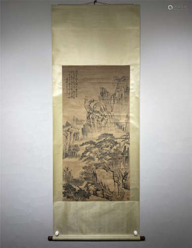 A LARGE VERTICAL SCROLL OF HAND-PAINTED LANDSCAPE