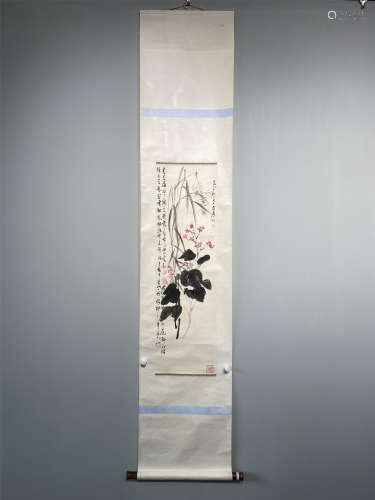 A HANGING SCROLL OF COLLABORATIVE FLOWER PAINTING