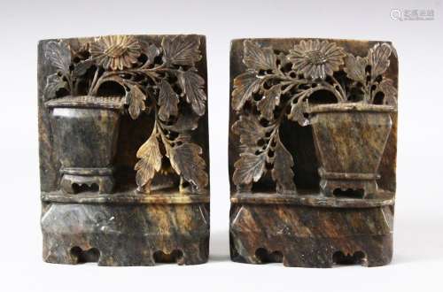 A PAIR OF CHINESE CARVED SOAPSTONE WALL HANGING PLAQUES - ea...