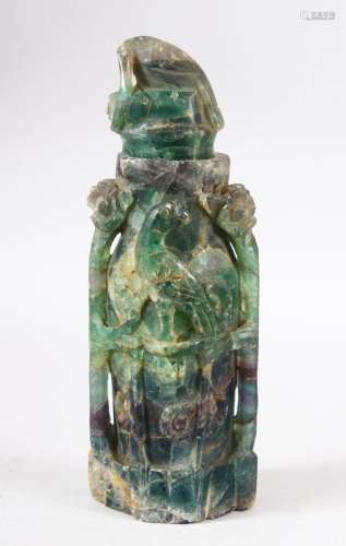 A CHINESE CARVED GREEN HARD STONE LIDDED VESSEL - carved wit...