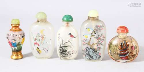 A MIXED LOT OF 5 CHINESE REVERSE PAINTED SNUFF BOTTLES - mos...