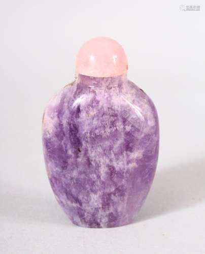 A CHINESE CARVED AMETHYST SNUFF BOTTLE - with a pink stone s...