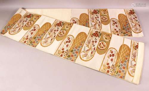 A FINE QUALITY JAPANESE EMBROIDERED SILK FUKURO OBI TIE, wit...