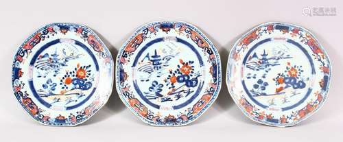 THREE 18TH / 19TH CENTURY CHINESE IMARI PORCELAIN PLATES, ea...