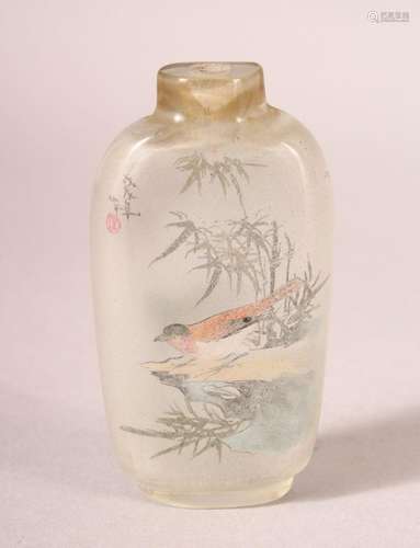 A CHINESE GLASS SNUFF BOTTLE, internally painted with birds,...