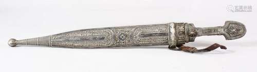 A 19TH CENTURY KINDJAL DAGGER and scabbard, 48cm long.